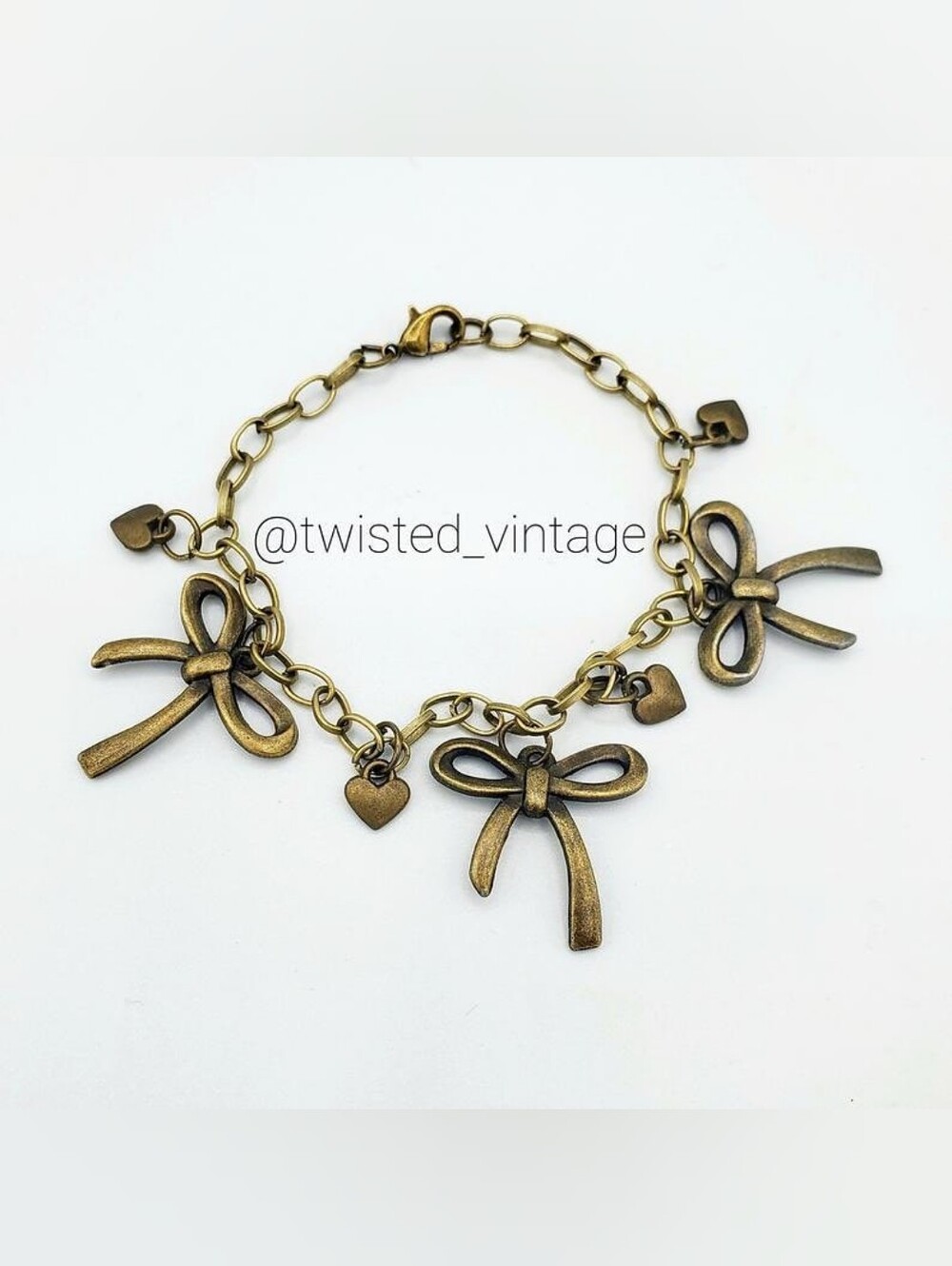 Handmade Lolita Bows and Hearts Charm Bracelet Anklet in Antique Brass Finish